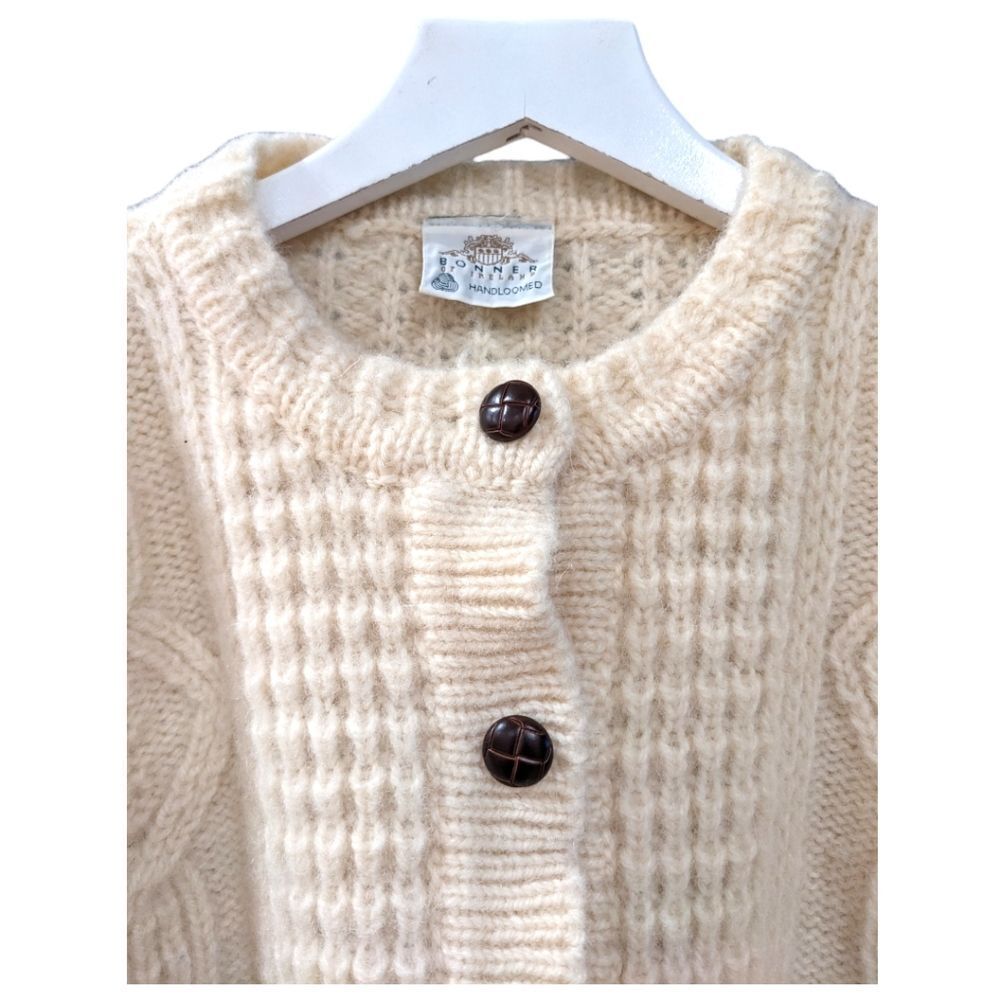 BONNER OF IRELAND Waffle Knit 100% Pure Wool Cream Button Sweater Cardigan Sz XL - Picture 2 of 8